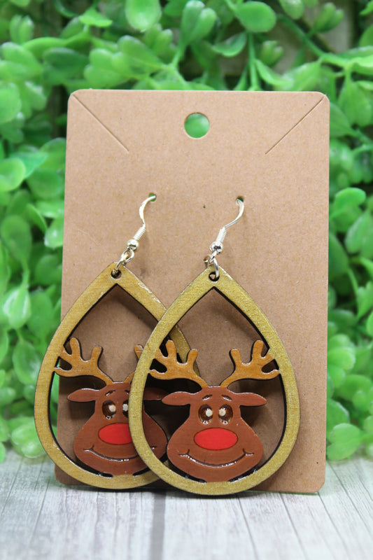 Rudolph Teardrop Wooden Dangle Earrings
