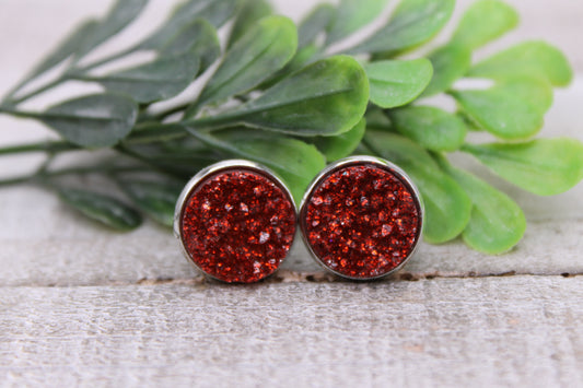 Red Glitter | 12mm Druzy Stud Earrings | Hypoallergenic