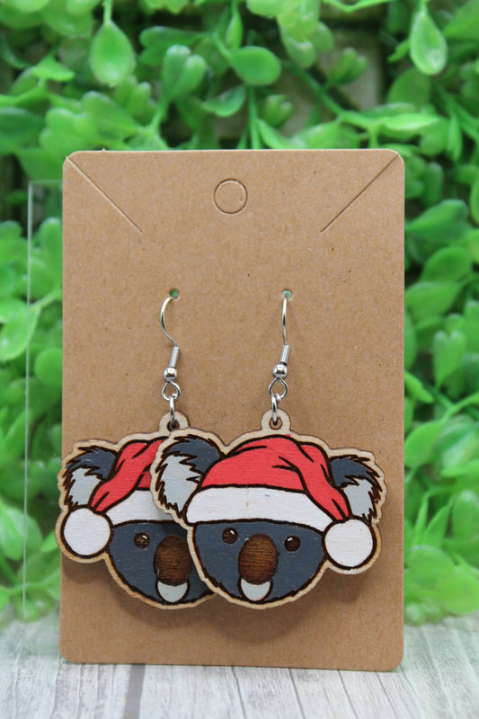 Santa Hat Koala Wooden Dangle Earrings