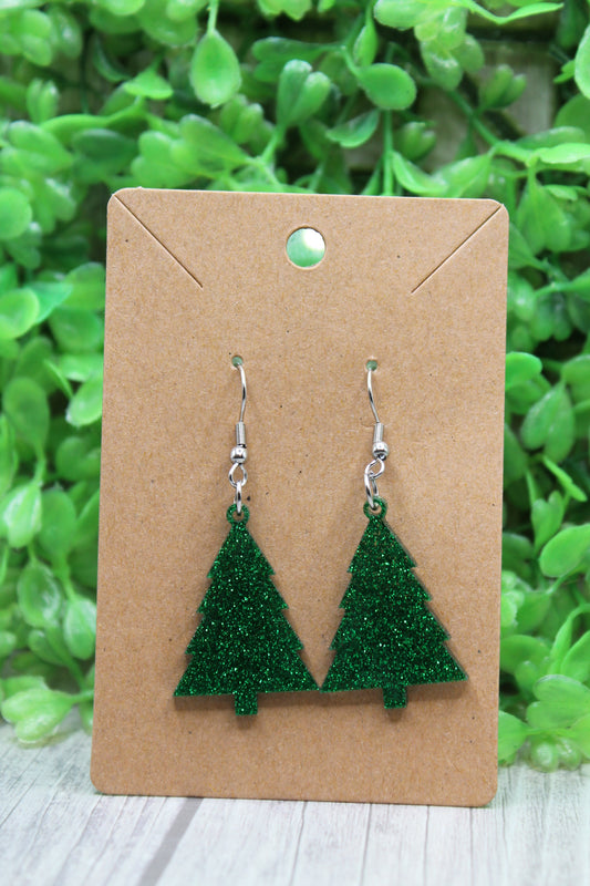 Green Glitter Christmas Tree Dangle Earrings