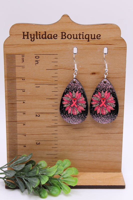 Pink Sunflower & Ribbon Breast Cancer Awareness Teardrop || Dangle Earrings