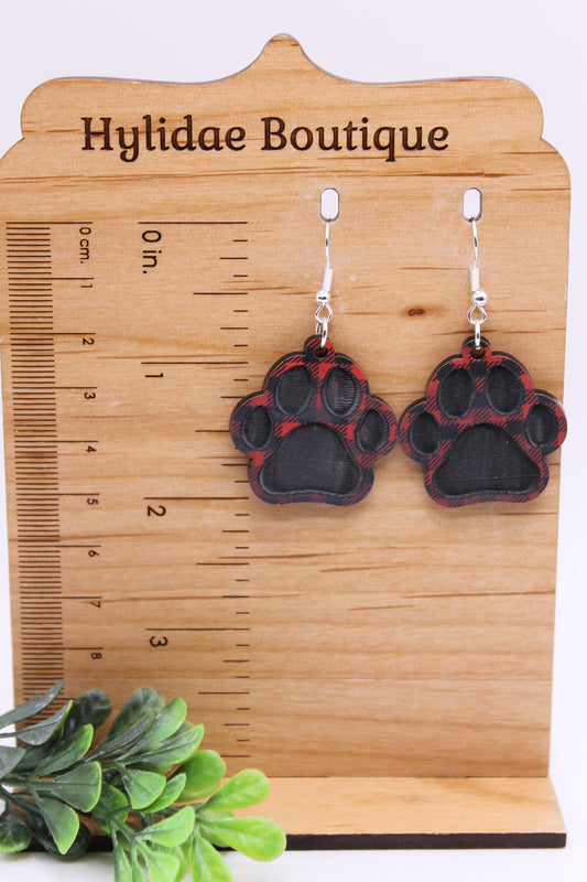 Red Plaid Paw Print • Dangle Earrings