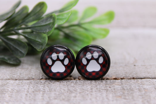 Buffalo Plaid Paw Print || 12mm Glass Stud Earrings || Hypoallergenic