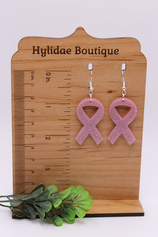 Lt Pink Glitter Ribbon Breast Cancer Awareness || Dangle Earrings