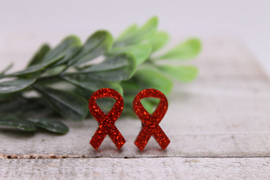 Red Glitter Awareness Ribbon || Stud Earrings || Hypoallergenic