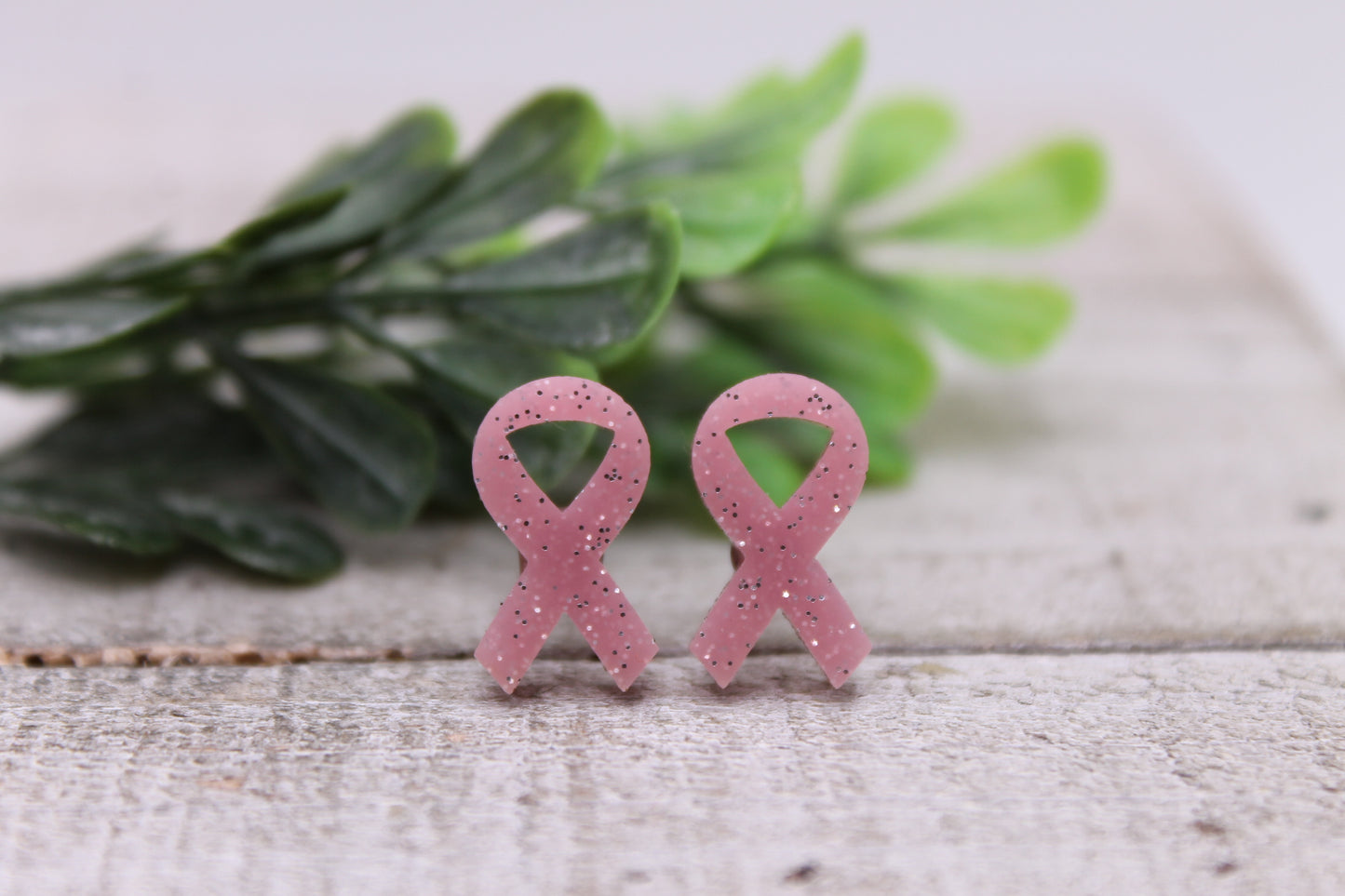 Lt Pink Glitter Breast Cancer Awareness Ribbon || Stud Earrings || Hypoallergenic