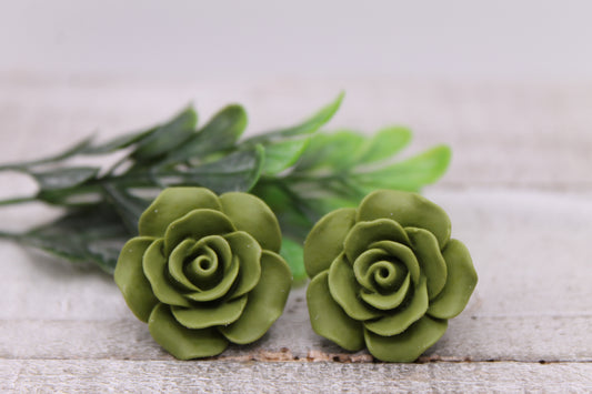 Green Roses || 20mm Stud Earrings || Hypoallergenic