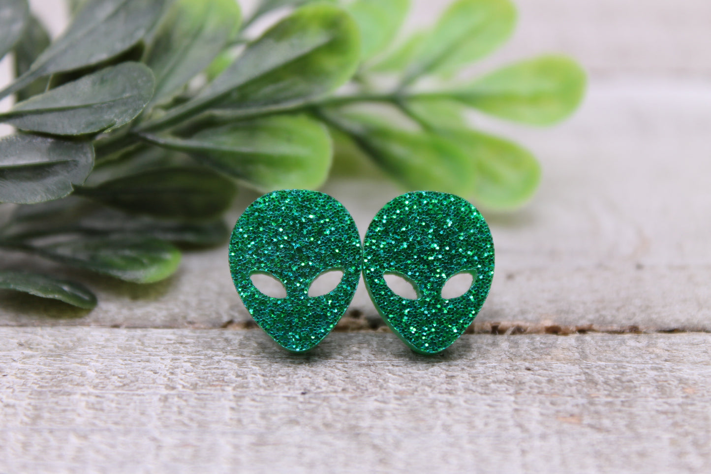 Green Glitter Aliens || Stud Earrings || Hypoallergenic