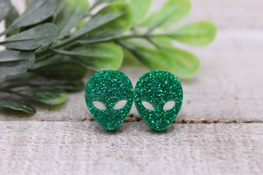 Green Glitter Aliens || Stud Earrings || Hypoallergenic