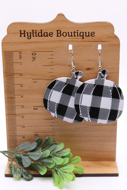 White Plaid Pumpkin • Faux Leather Dangle Earrings