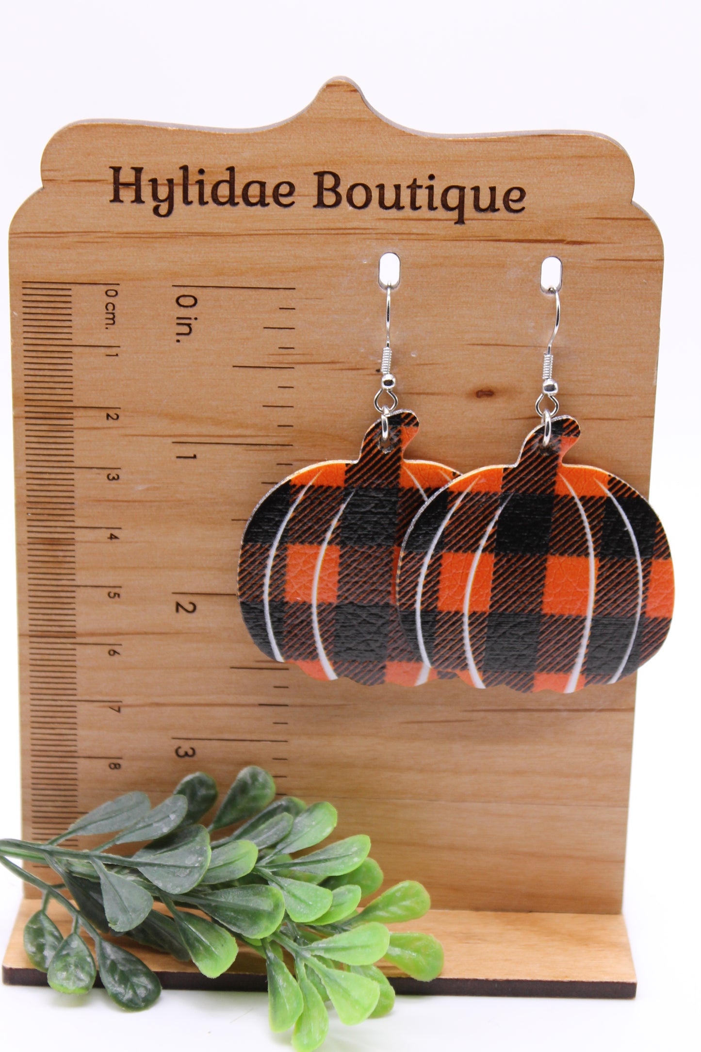 Orange Plaid Pumpkin • Faux Leather Dangle Earrings