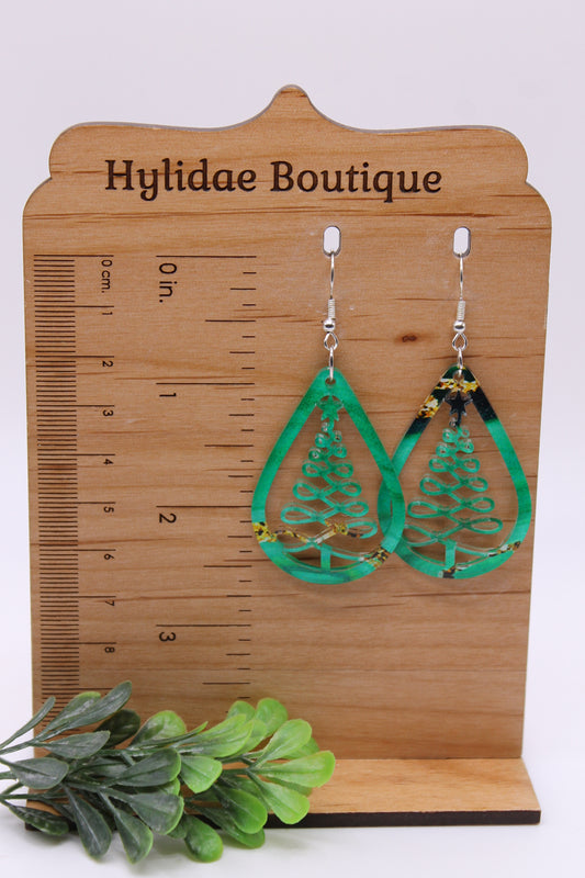 Green Swirl Tree Teardrop • Dangle Earrings