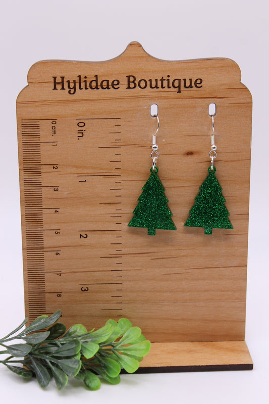 Green Glitter Christmas Tree • Dangle Earrings