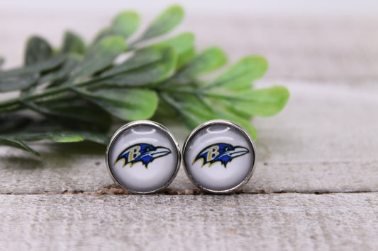 Ravens Football || 12mm Glass Stud Earrings || Hypoallergenic