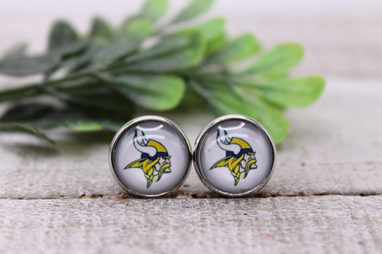 Vikings Football || 12mm Glass Stud Earrings || Hypoallergenic