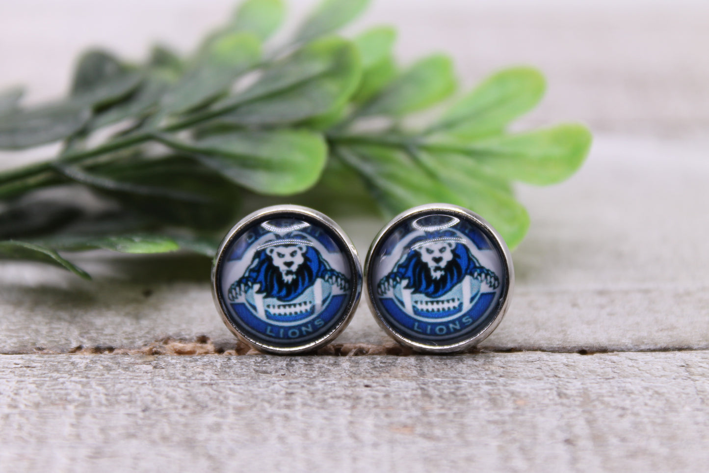 Lions Football Circle || 12mm Glass Stud Earrings || Hypoallergenic