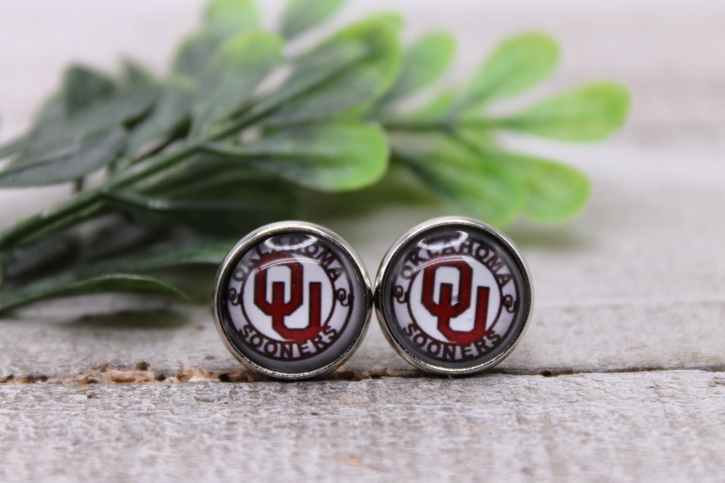 Sooners Football Circle || 12mm Glass Stud Earrings || Hypoallergenic