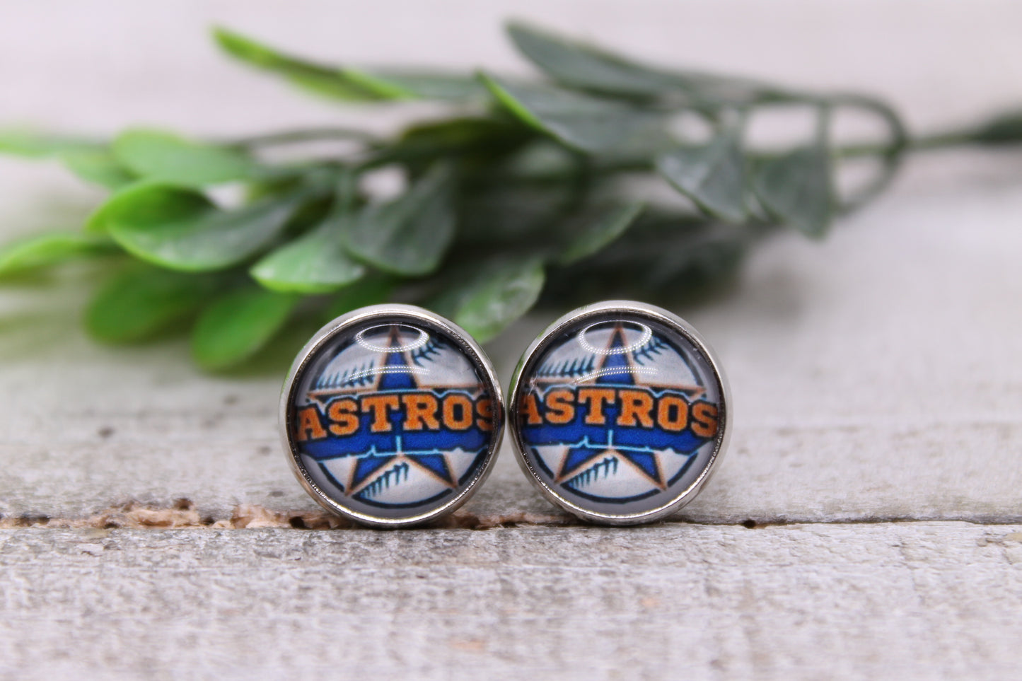 Houston Astros Baseball || 12mm Glass Stud Earrings || Hypoallergenic