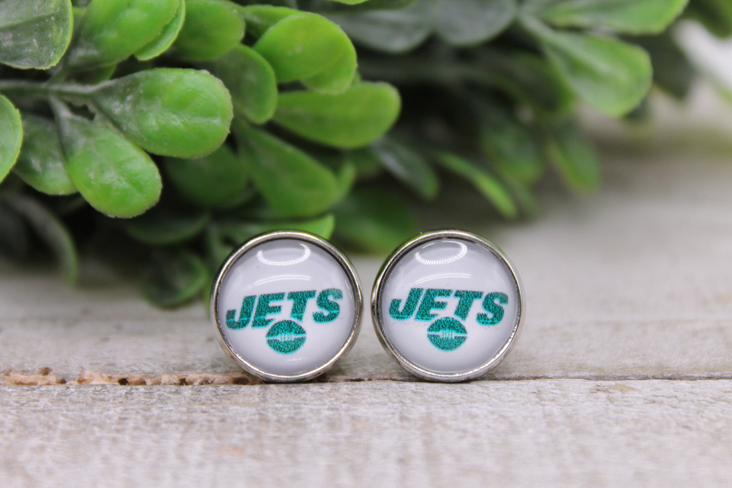 Jets Football || 12mm Glass Stud Earrings || Hypoallergenic