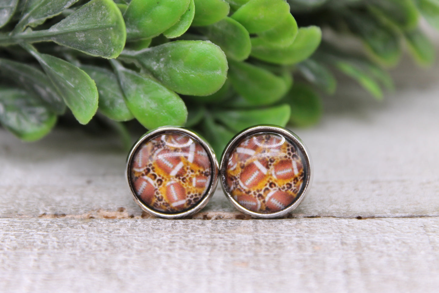 Footballs on Leopard || 12mm Glass Stud Earrings || Hypoallergenic