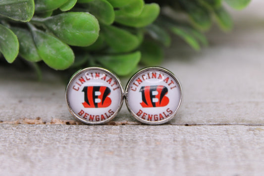 Bengals Football || 12mm Glass Stud Earrings || Hypoallergenic