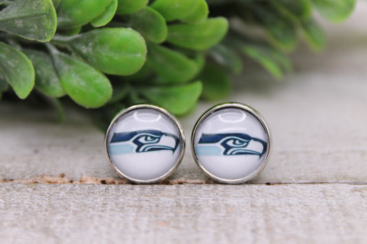 Seahawks Football || 12mm Glass Stud Earrings || Hypoallergenic