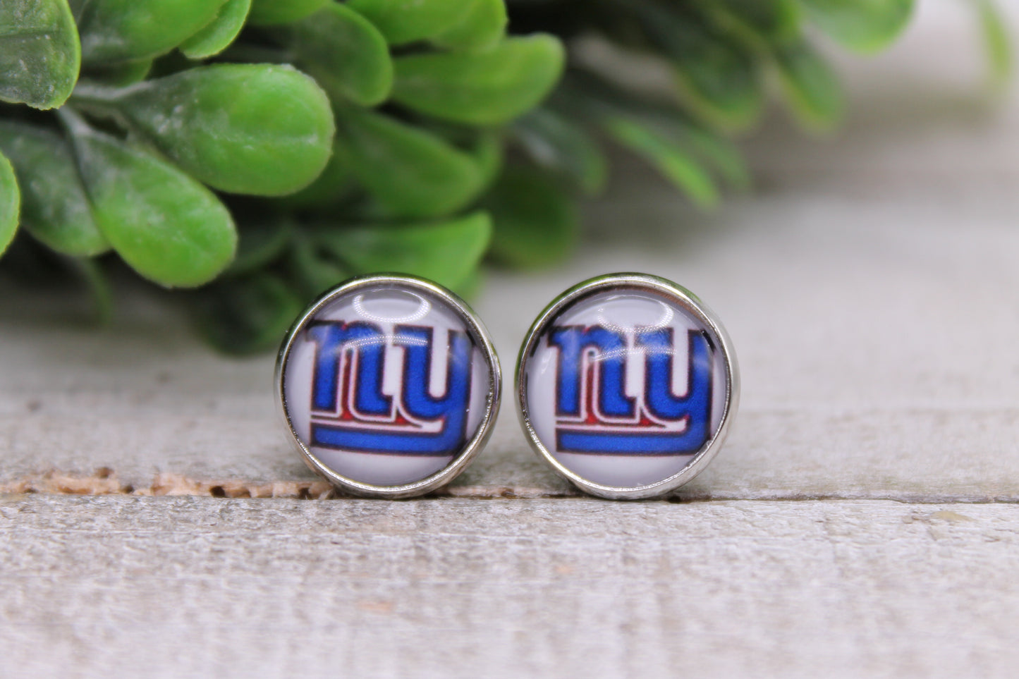 NY Giants Football || 12mm Glass Stud Earrings || Hypoallergenic