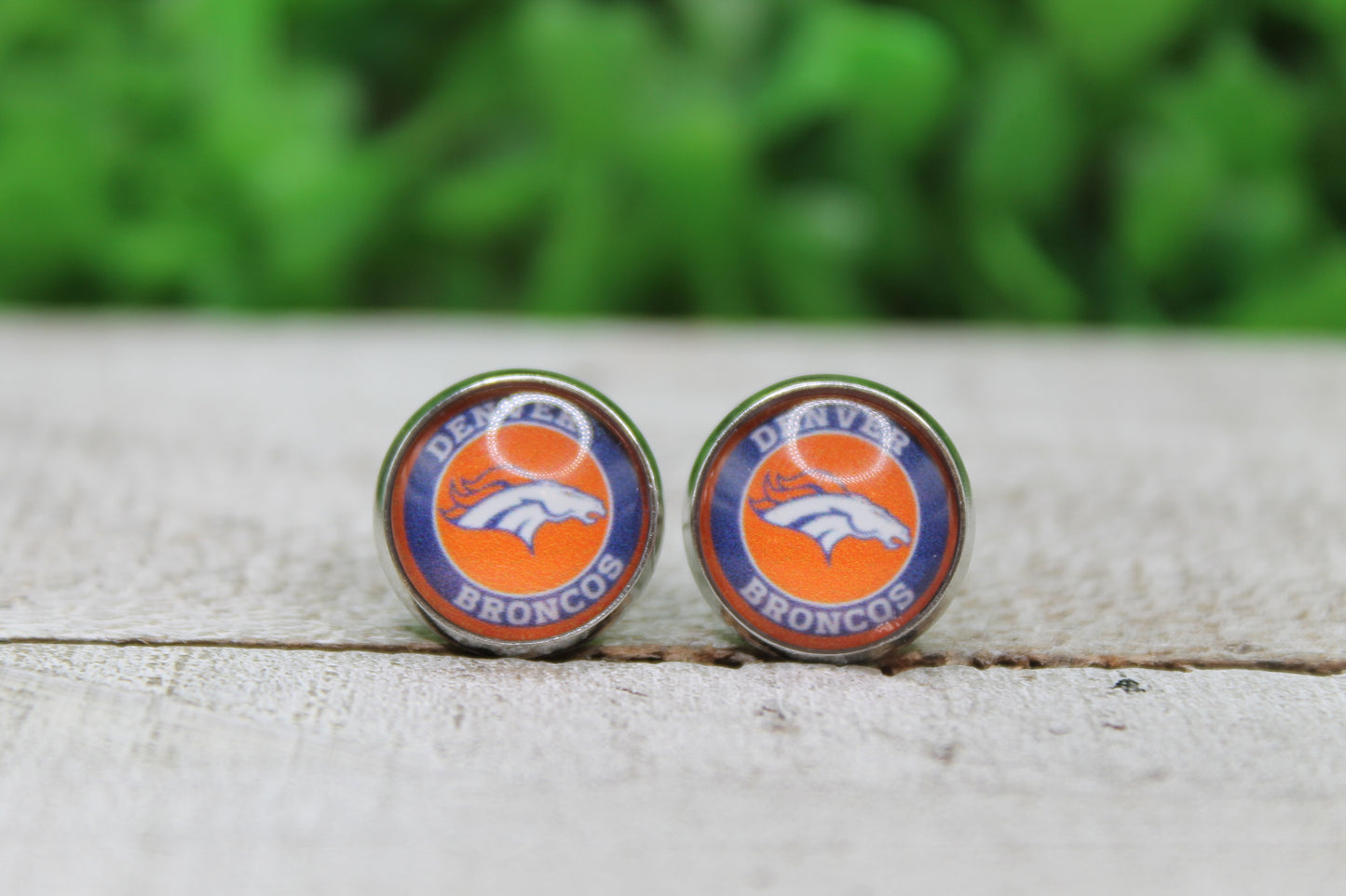 Broncos Football Circle Glass Stud Earrings