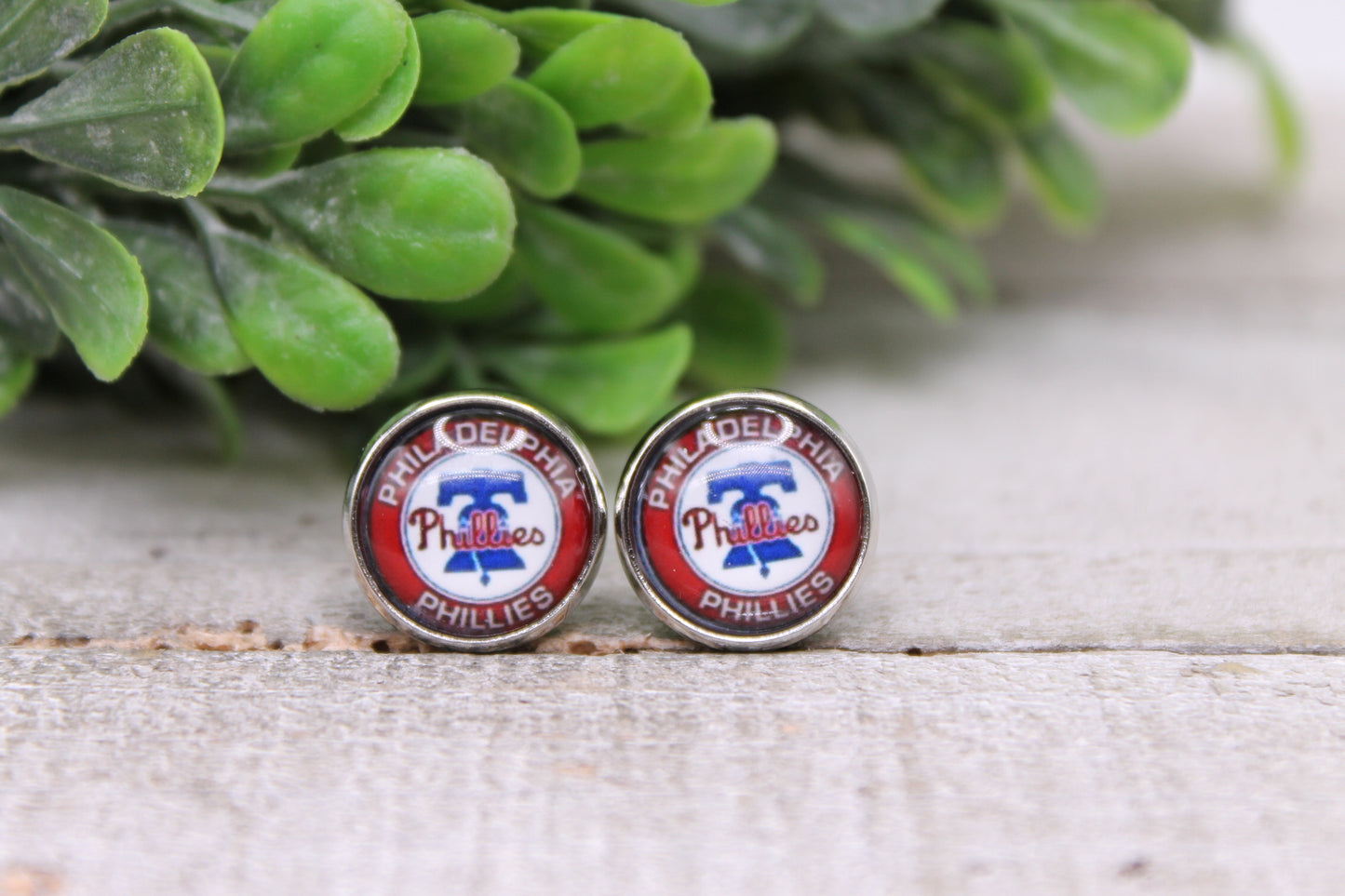 Phillies Baseball || 12mm Glass Stud Earrings || Hypoallergenic