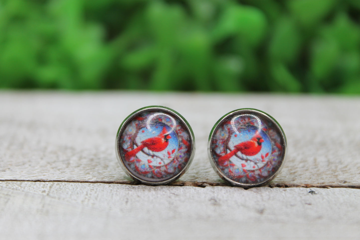 Red Cardinal and Berries Glass Stud Earrings