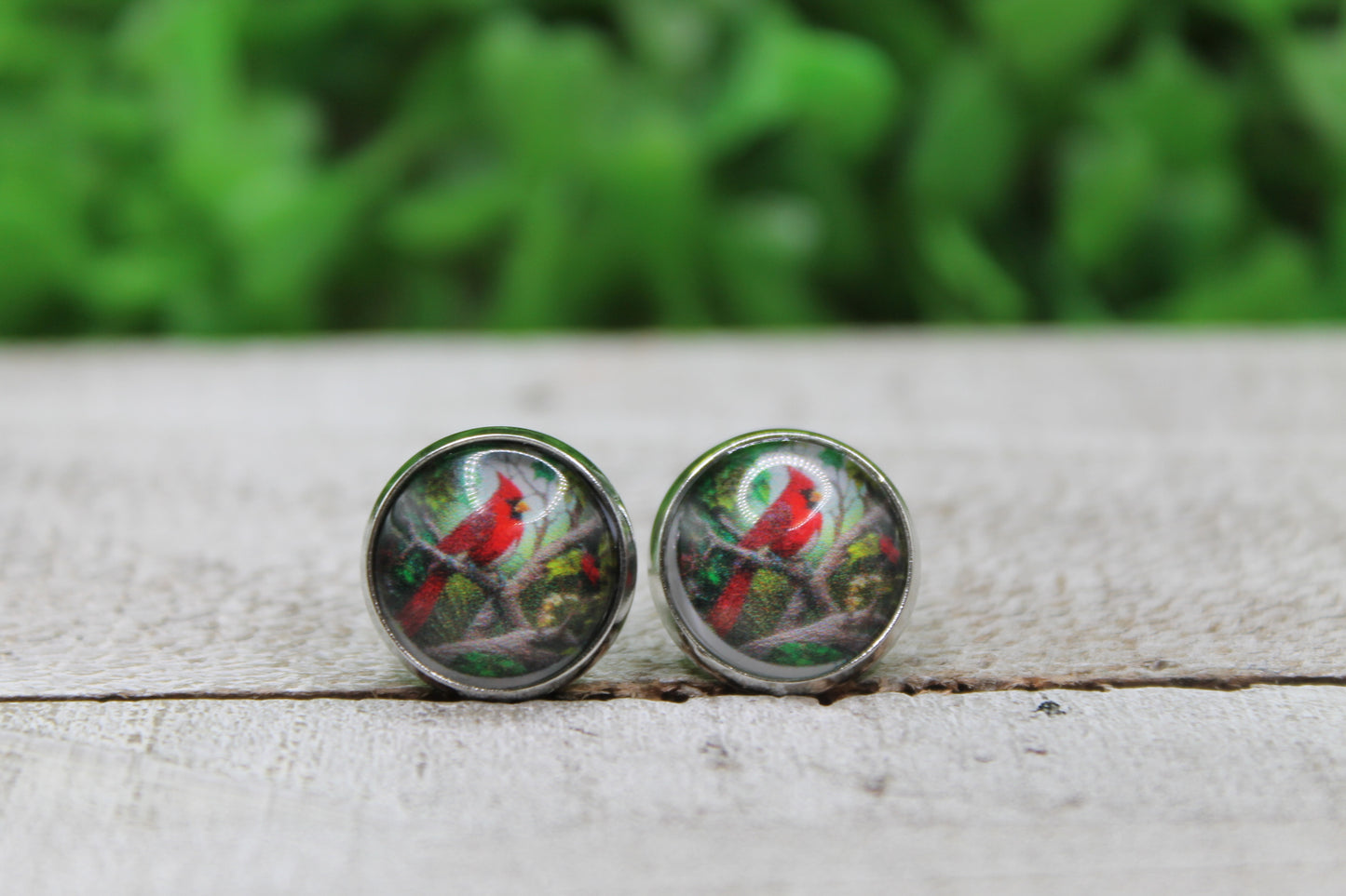 Red Cardinal on Tree Branch Glass Stud Earrings