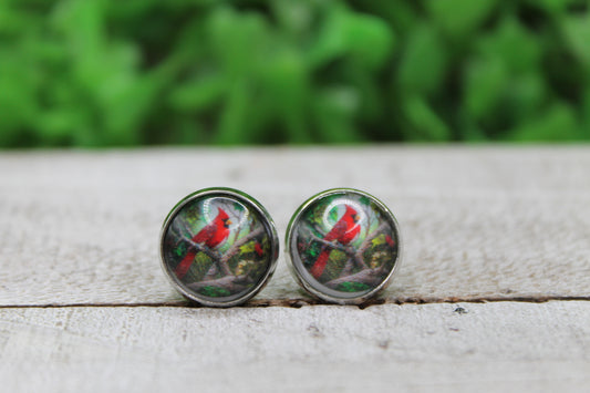 Red Cardinal on Tree Branch Glass Stud Earrings
