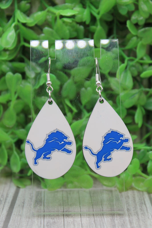 Lions Football on White Teardrop Dangle Earrings