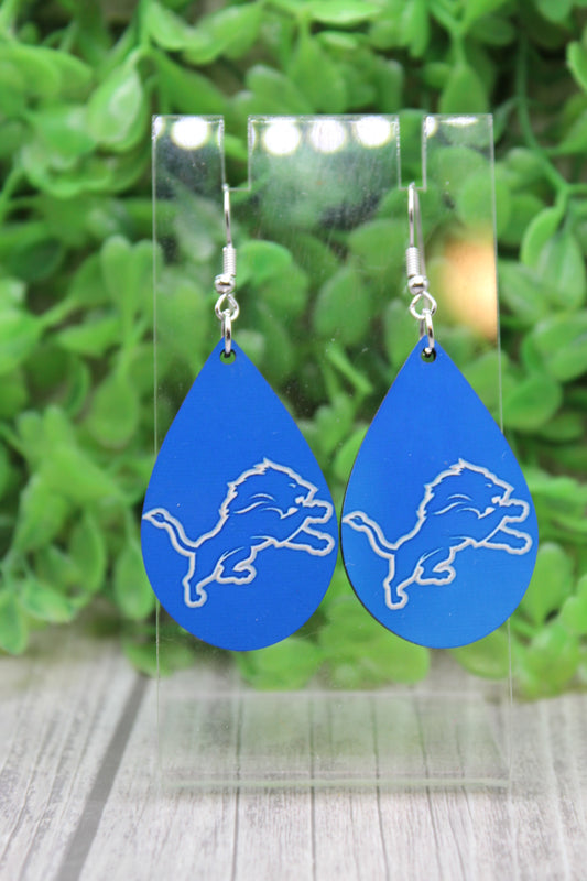 Lions Football on Blue Teardrop Dangle Earrings