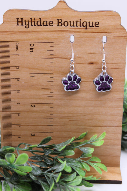 Purple Glitter Paw Prints || Dangle Earrings