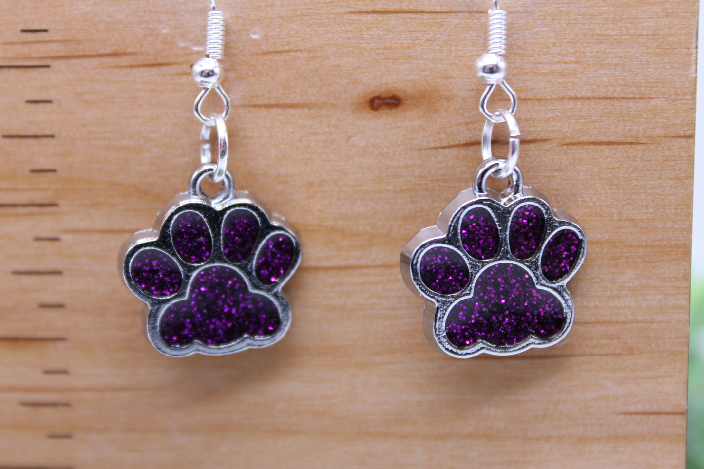 Purple Glitter Paw Prints || Dangle Earrings