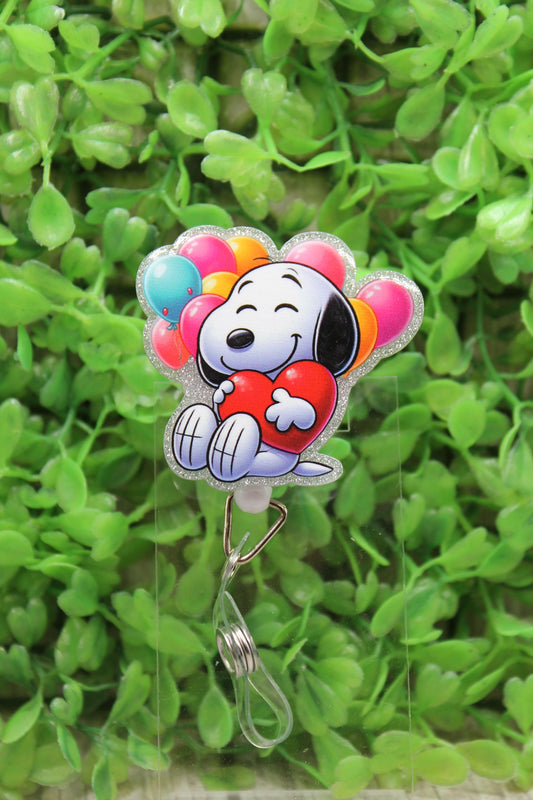 White Dog with Heart and Balloons Badge/ID Holder Reel