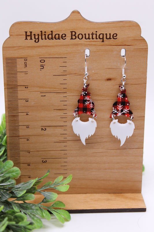 Red Plaid and Snowflakes Gnome • Dangle Earrings