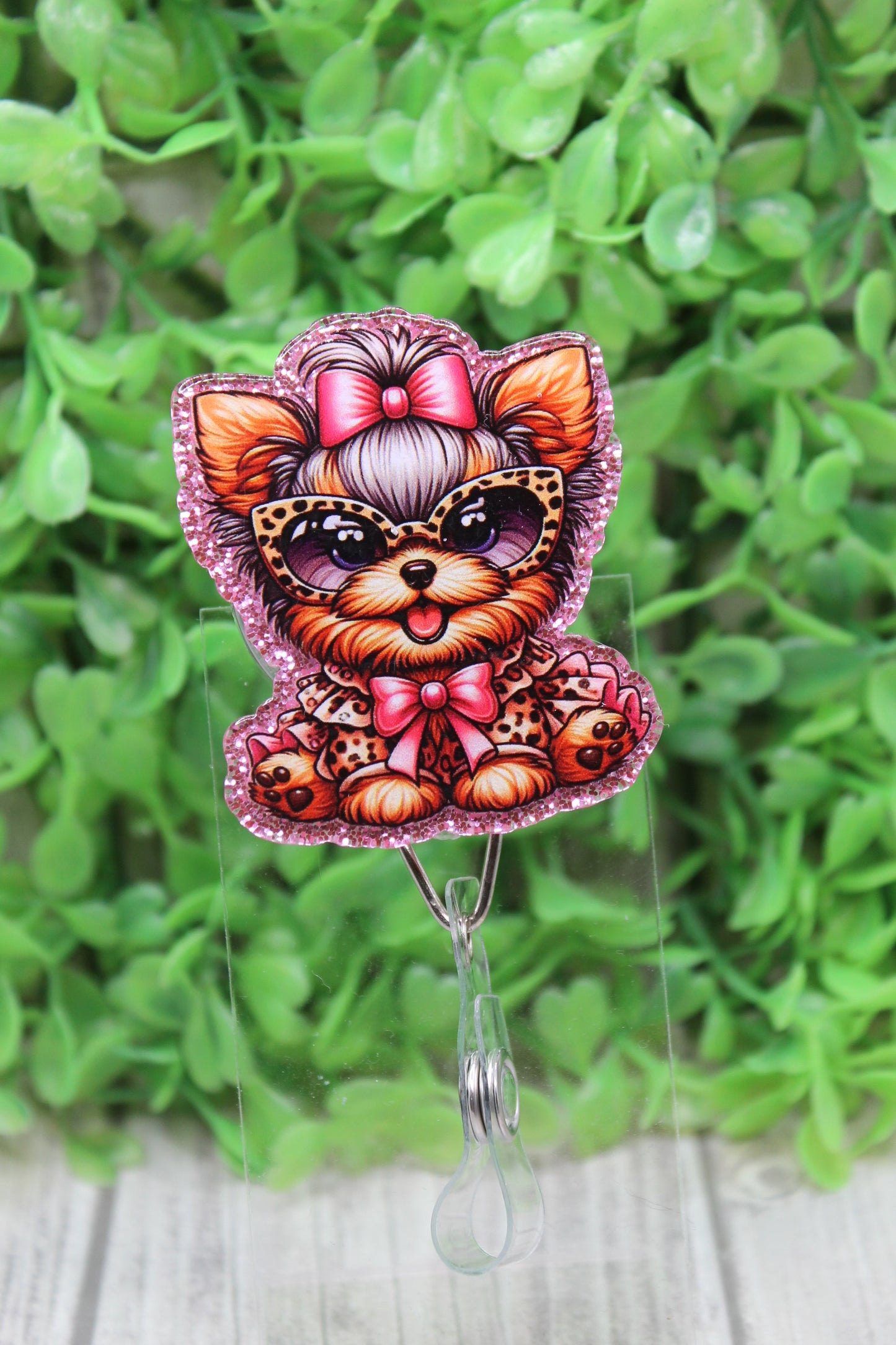 Cute Yorkie Dog in Leopard Badge/ID Holder Reel