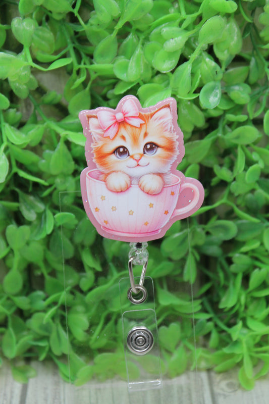 Cute Kitten in Pink Teacup with Bow Badge/ID Holder Reel