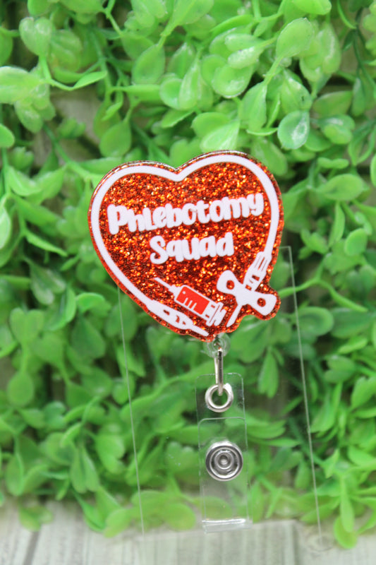 Phlebotomy Squad Red Glitter Heart Badge/ID Holder Reel