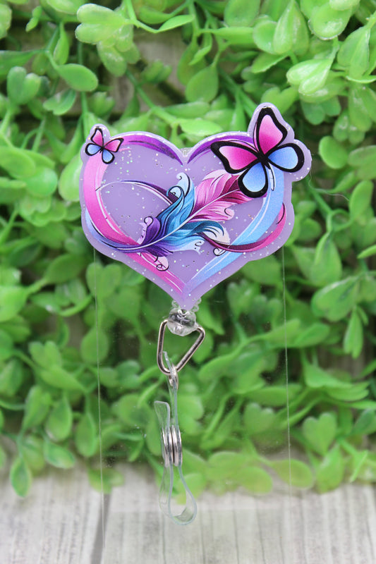 Purple & Teal Feather Butterfly Heart Suicide Awareness Badge/ID Holder Reel