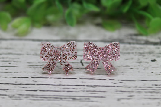 Pink Glitter Bow Stud Earrings