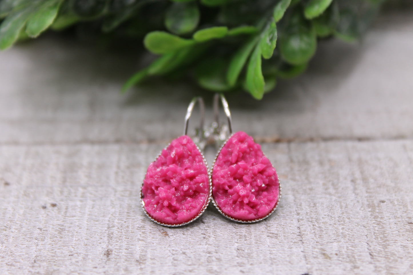 Rose Pink Druzy || Teardrop French Lever Earrings