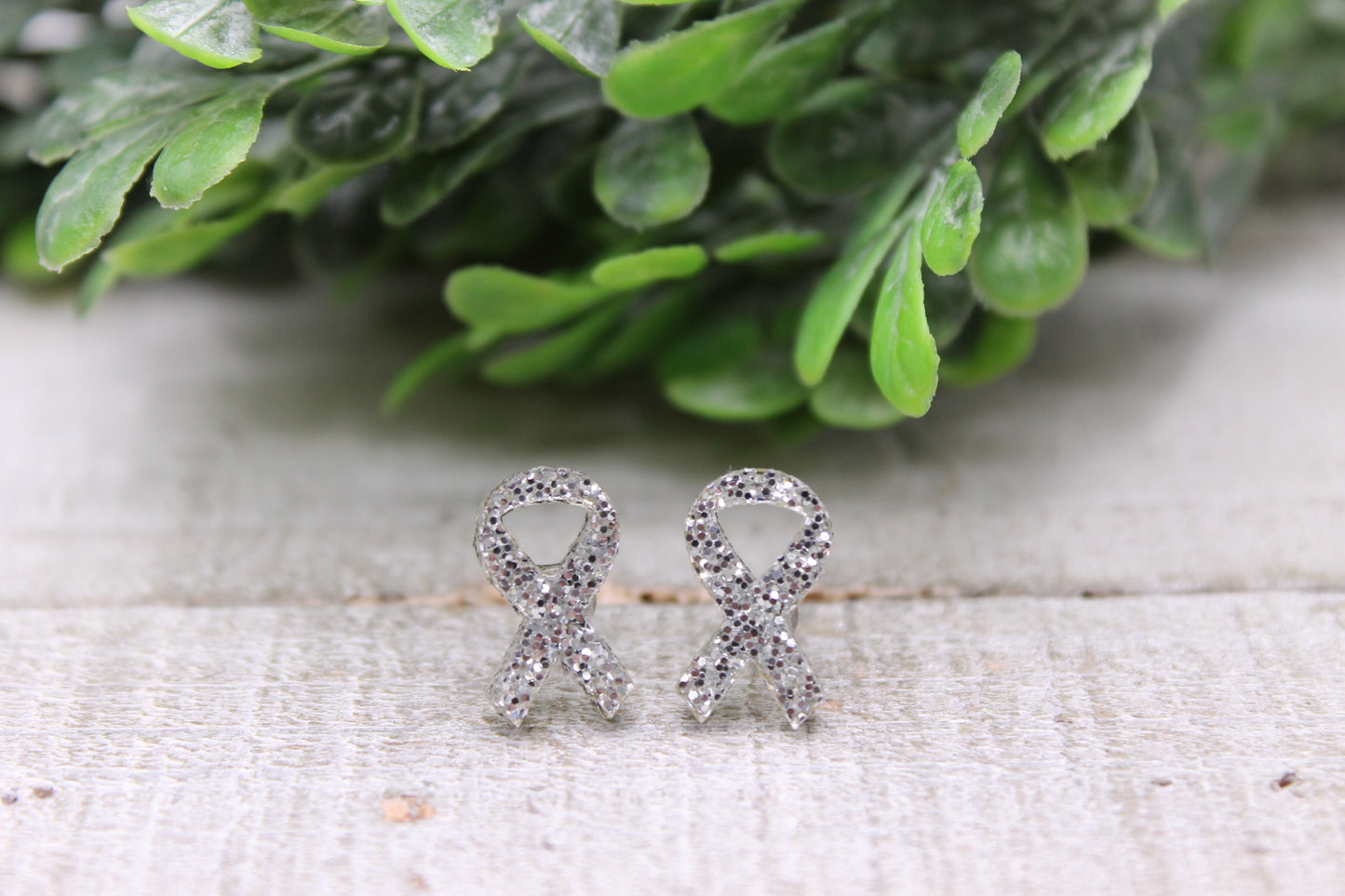 Silver Glitter Awareness Ribbons || Stud Earrings