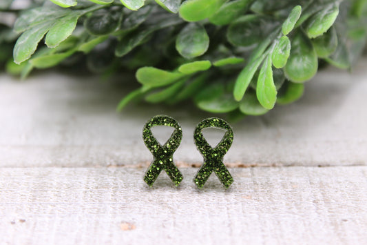 Green Glitter Awareness Ribbons || Stud Earrings