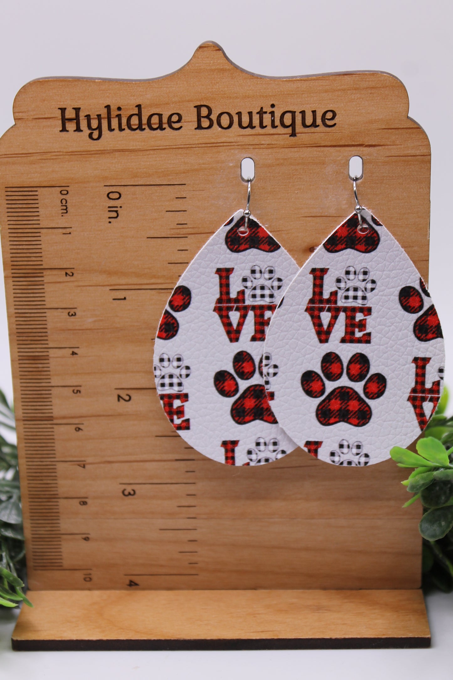 Plaid LOVE Paw Prints || Faux Leather Teardrop Dangle Earrings || Single-Sided