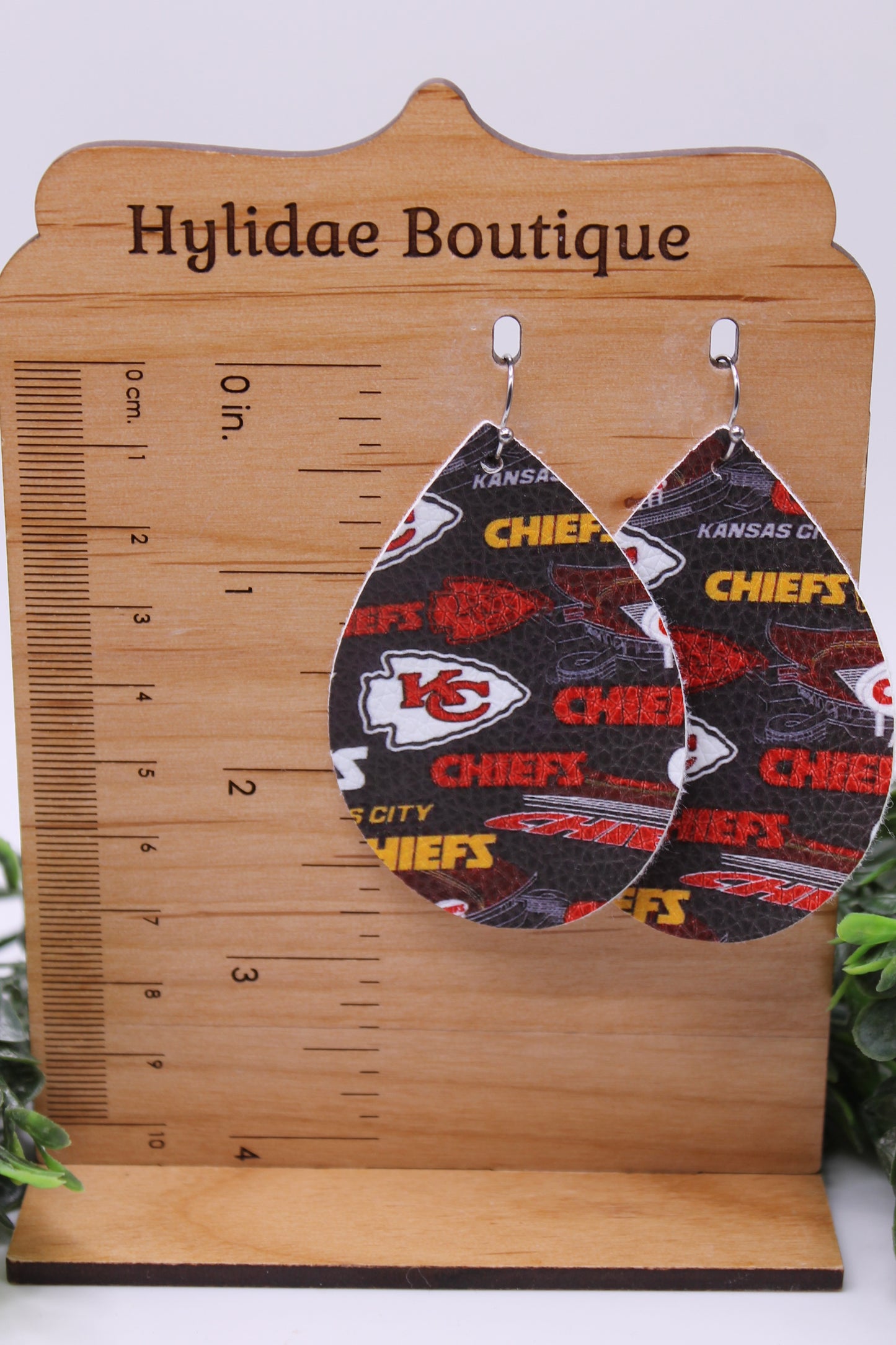 KC Chiefs Football || Faux Leather Teardrop Dangle Earrings || Single-Sided