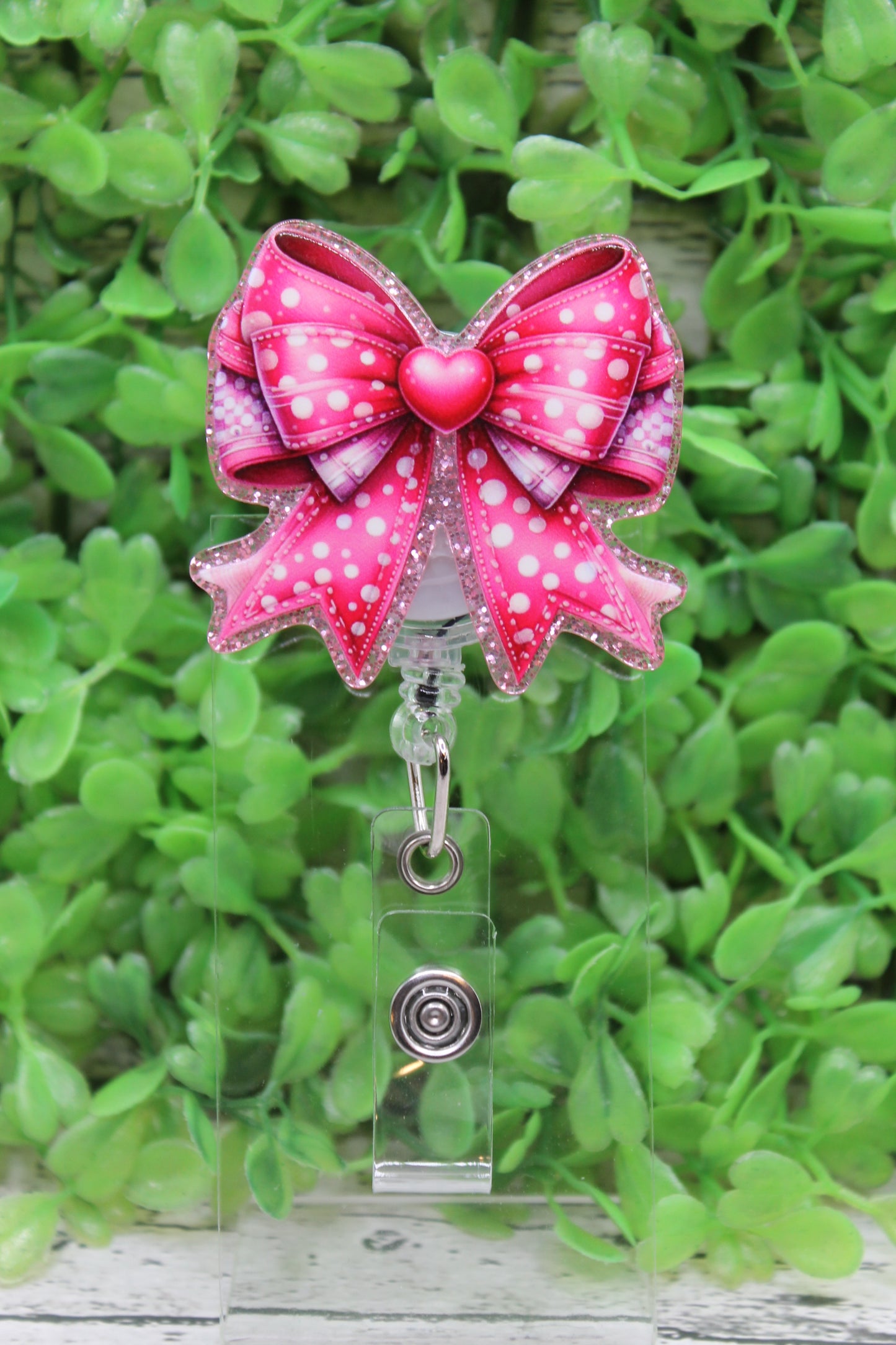 Pink Bow with Heart Badge Reel