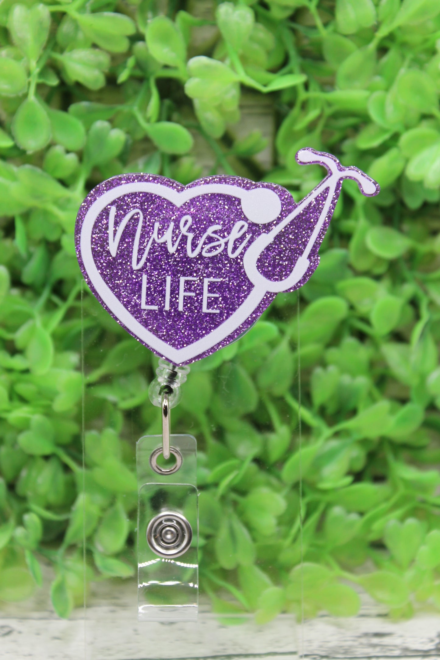 Nurse Life Purple Glitter Heart Stethoscope Badge Reel